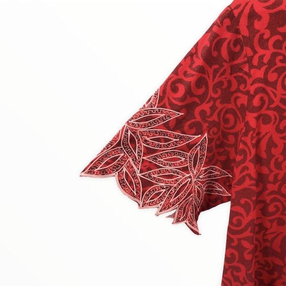 70’s Vintage Handmade Red Print Embroidered Housedress Short Sleeve - Picture 3 of 9